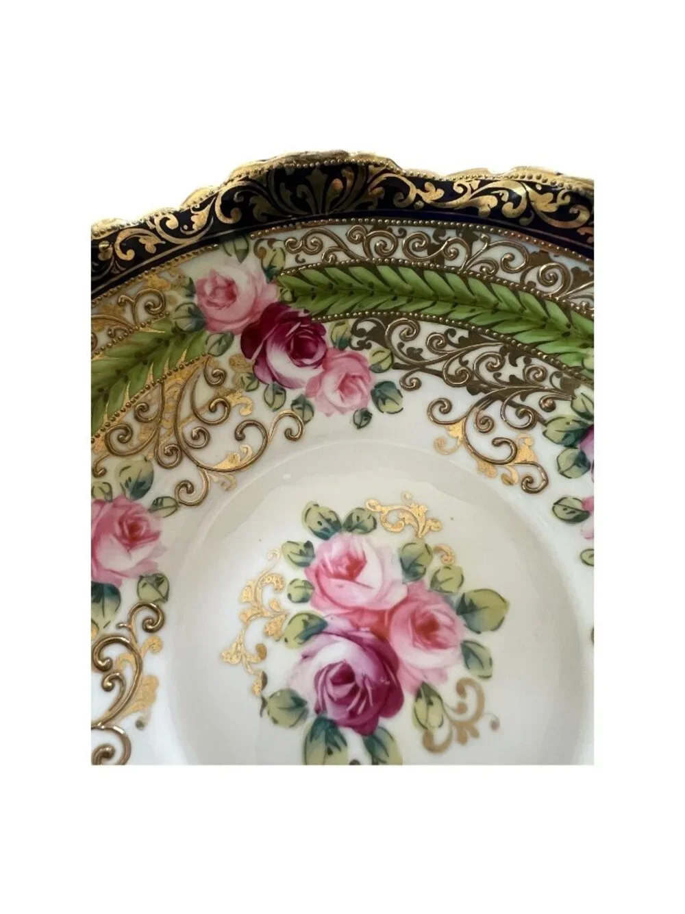 Antique Nippon Hand-Painted Gilded Rose Dish, Blue Maple Leaf Mark (1891–1911),